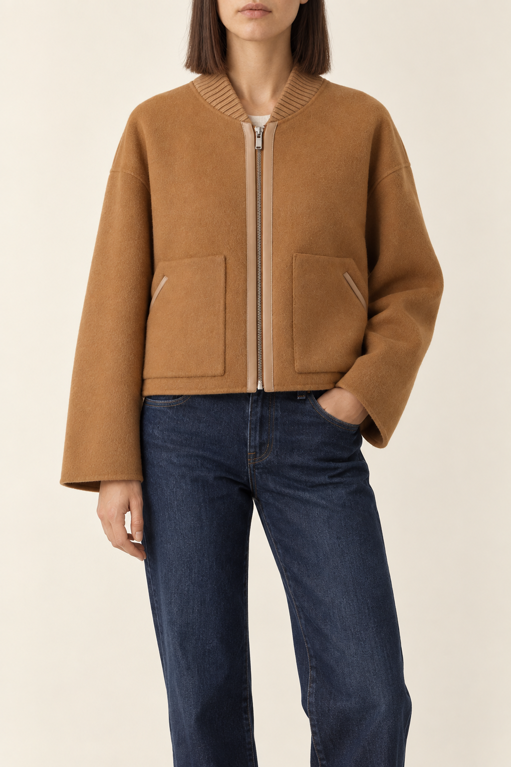 Cashmere Baseball-Collar Coat, Camel, front