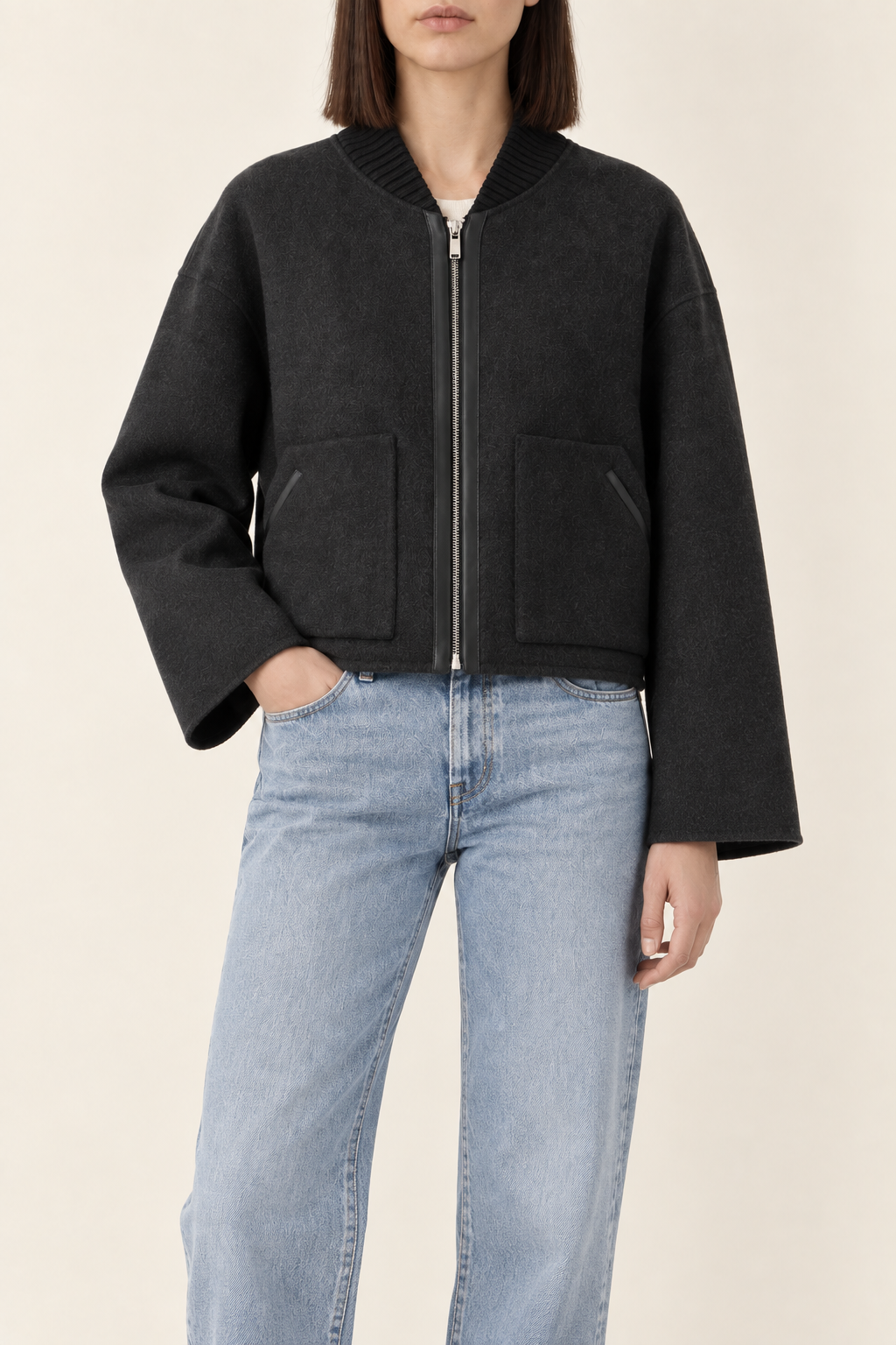 Cashmere Baseball-Collar Coat, Charcoal, front