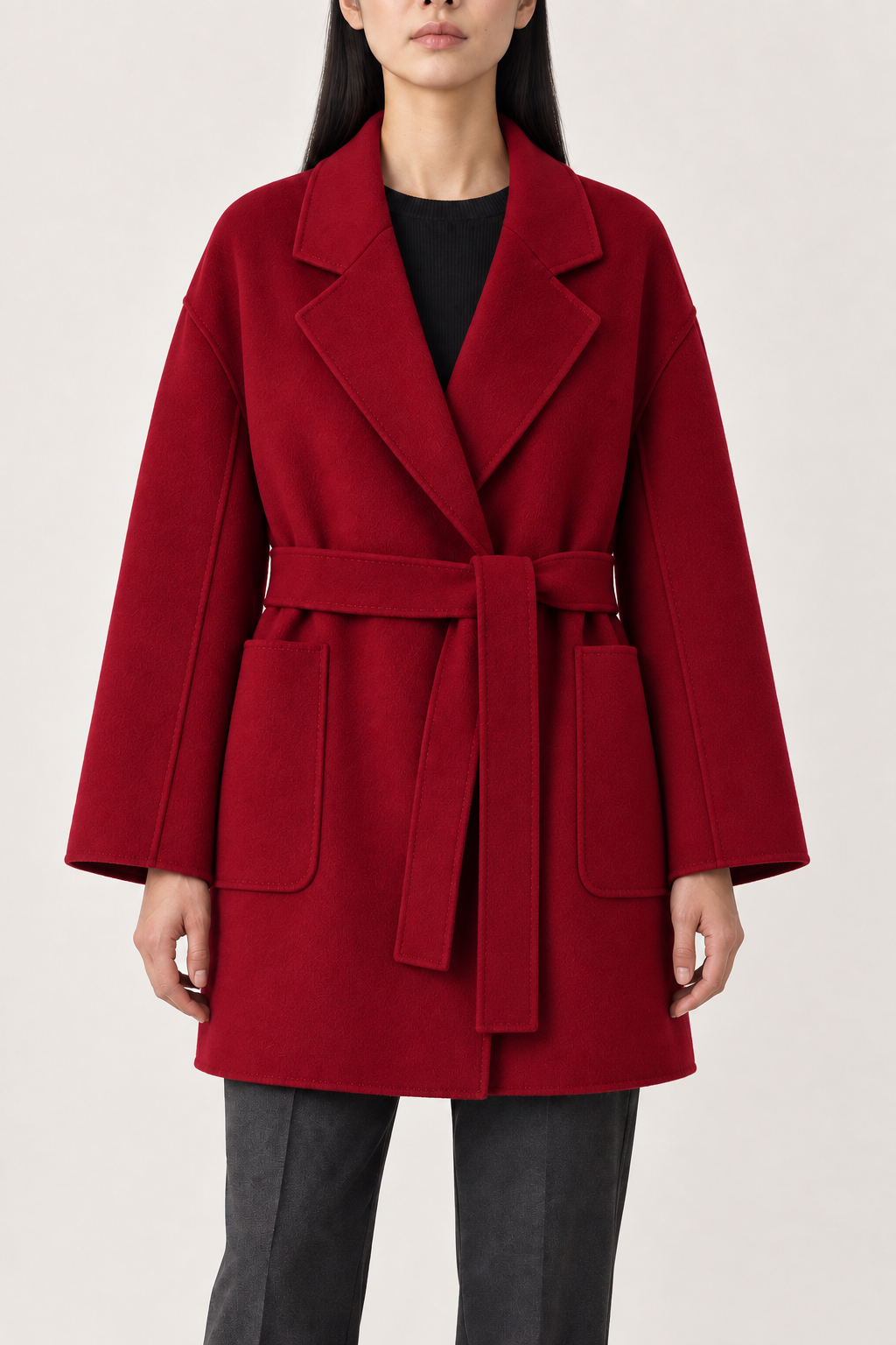 Cashmere Belted Wrap Coat, Crimson, front