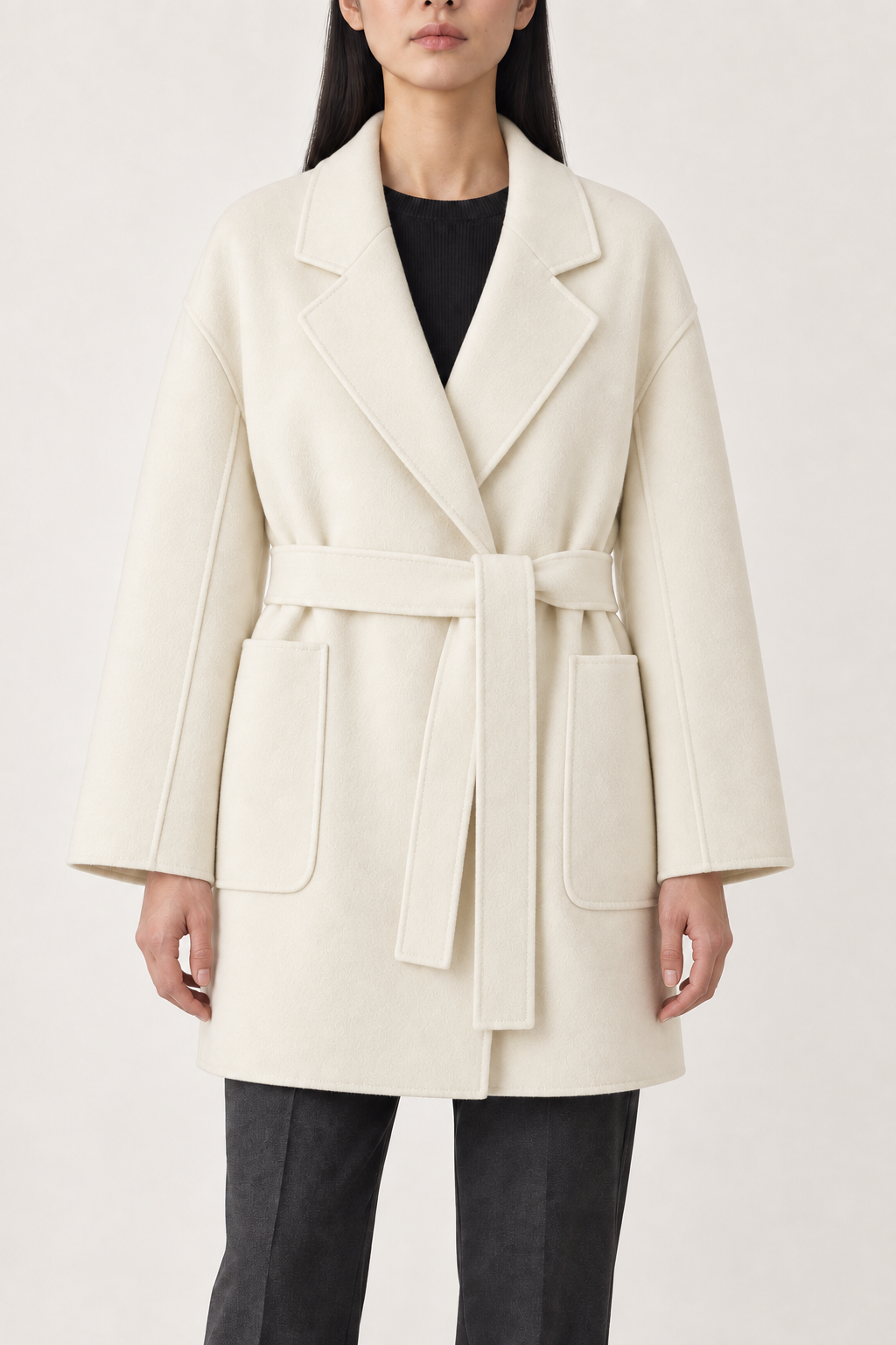 Cashmere Belted Wrap Coat, Ivory, front