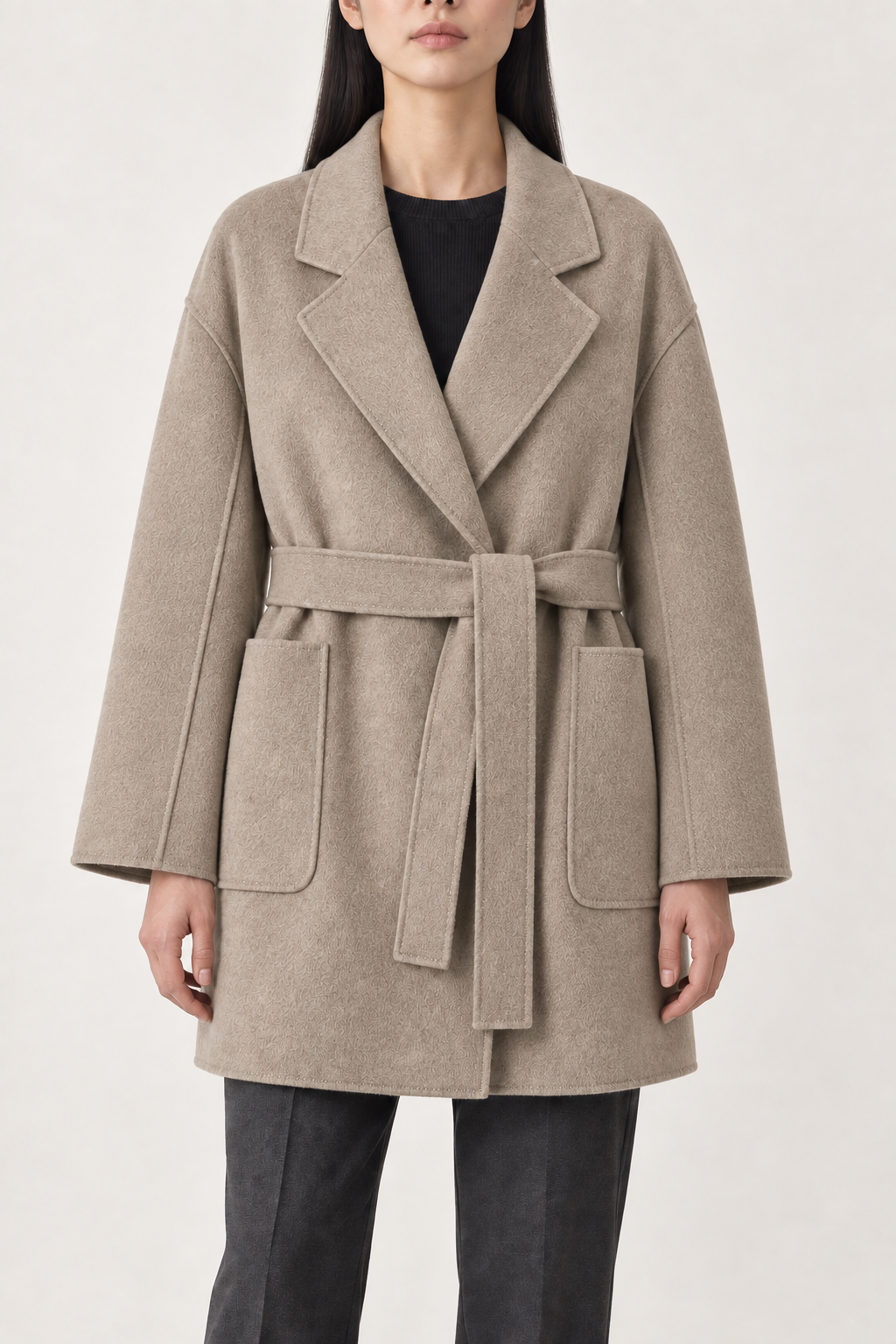 Cashmere Belted Wrap Coat, Oatmeal, front