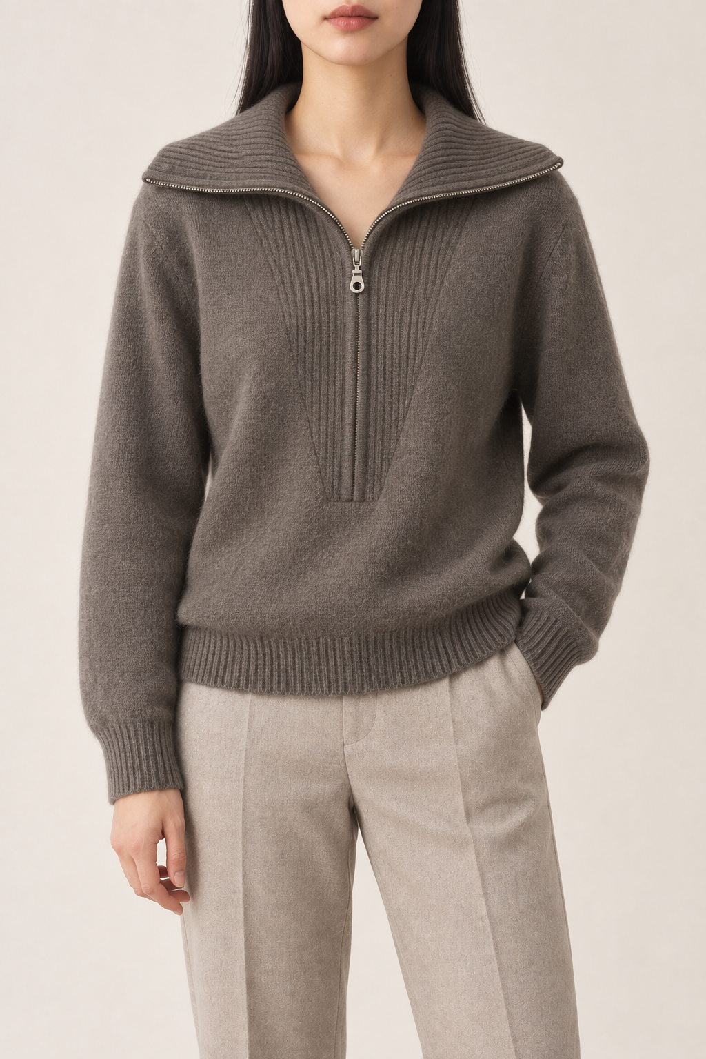 Cashmere Big-Collar Half-Zip Sweater, Flax Grey, front