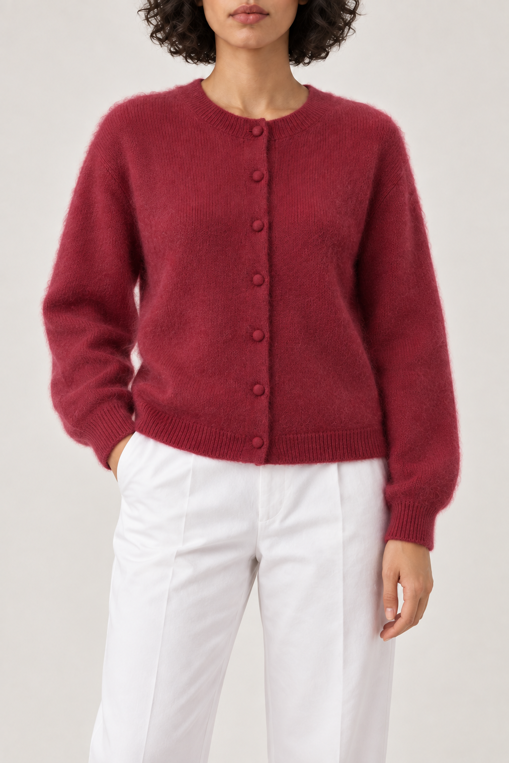 Cashmere Brushed Button Cardigan, Cranberry, front