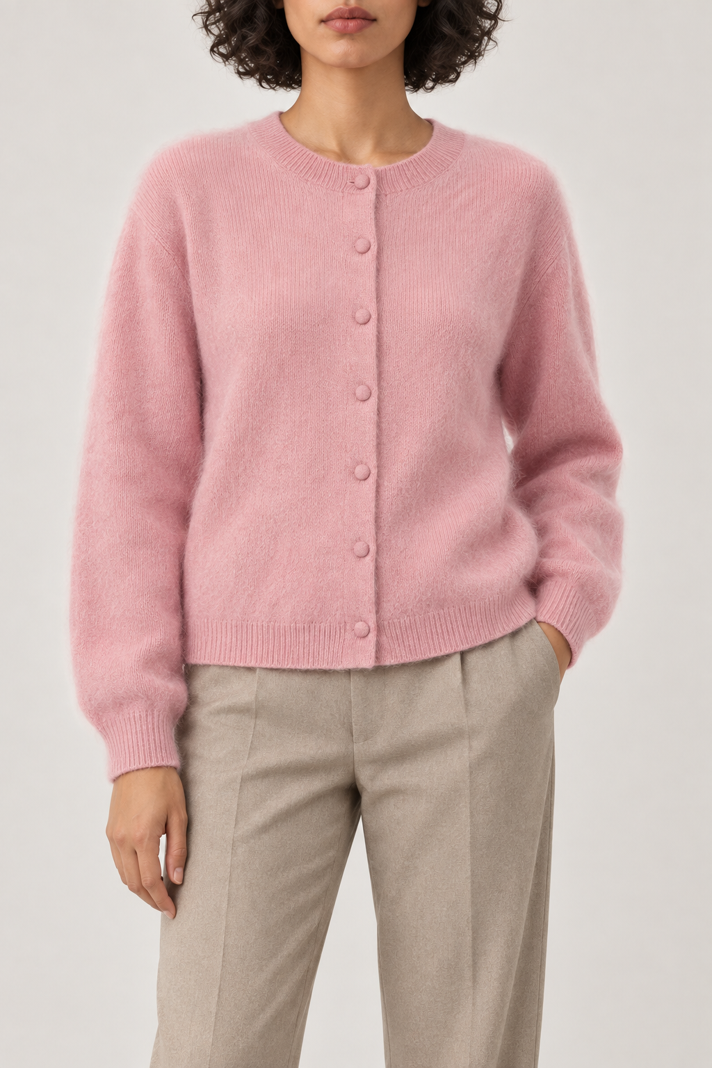 Cashmere Brushed Button Cardigan, Rose Pink, front