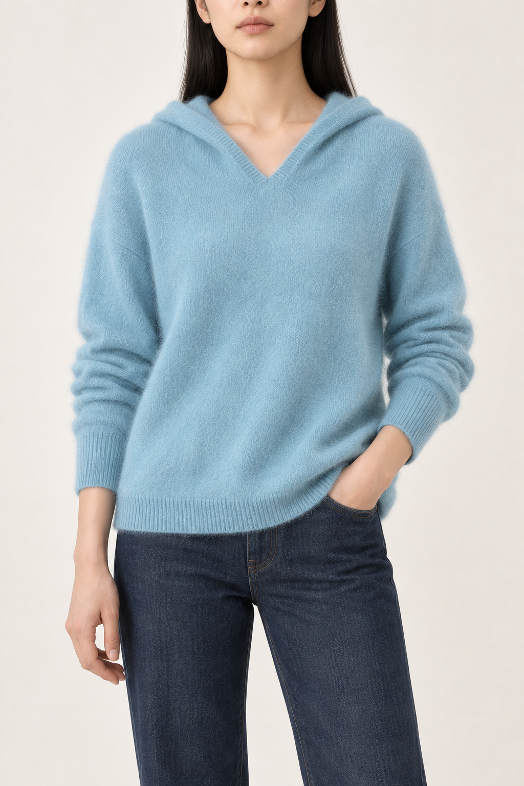 Cashmere Brushed Hooded Pullover, Ocean Blue, front