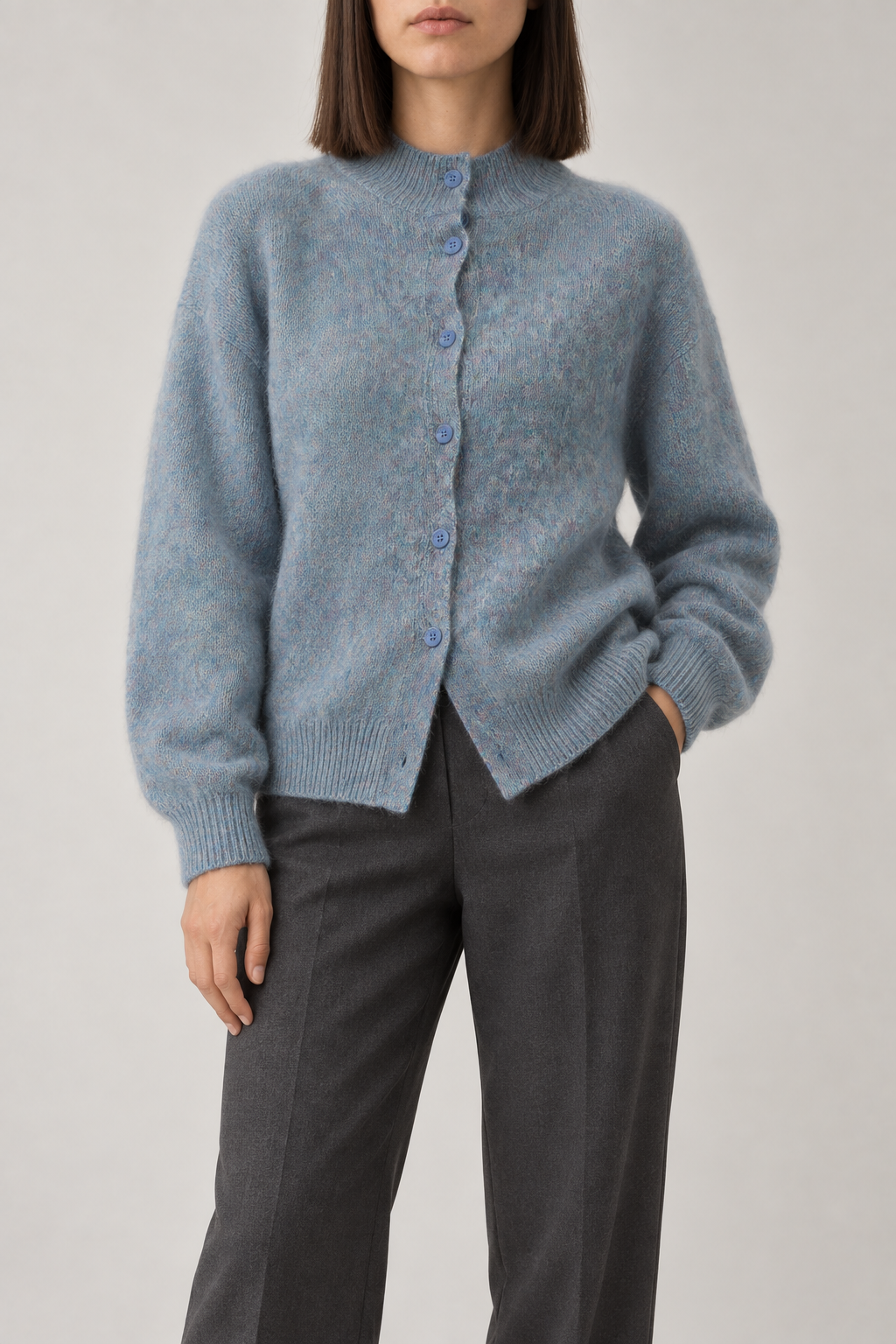 Cashmere Brushed Mockneck Cardigan, Heather Blue, front