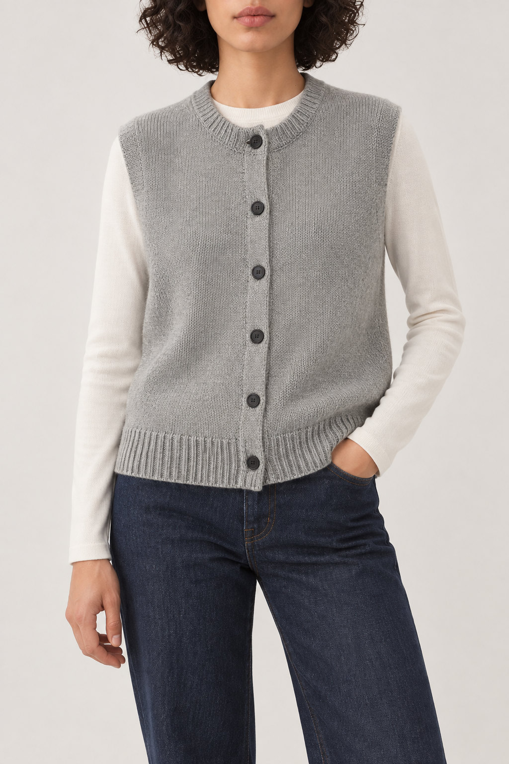 Cashmere Button-Front Vest, Light Grey, front