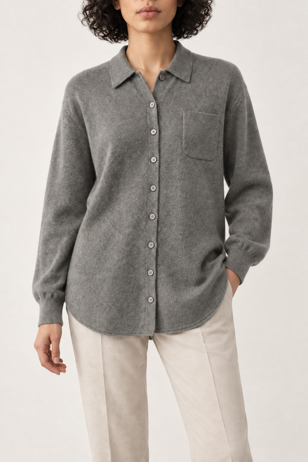 Cashmere Chest-Pocket Shirt, Elephant Grey, front