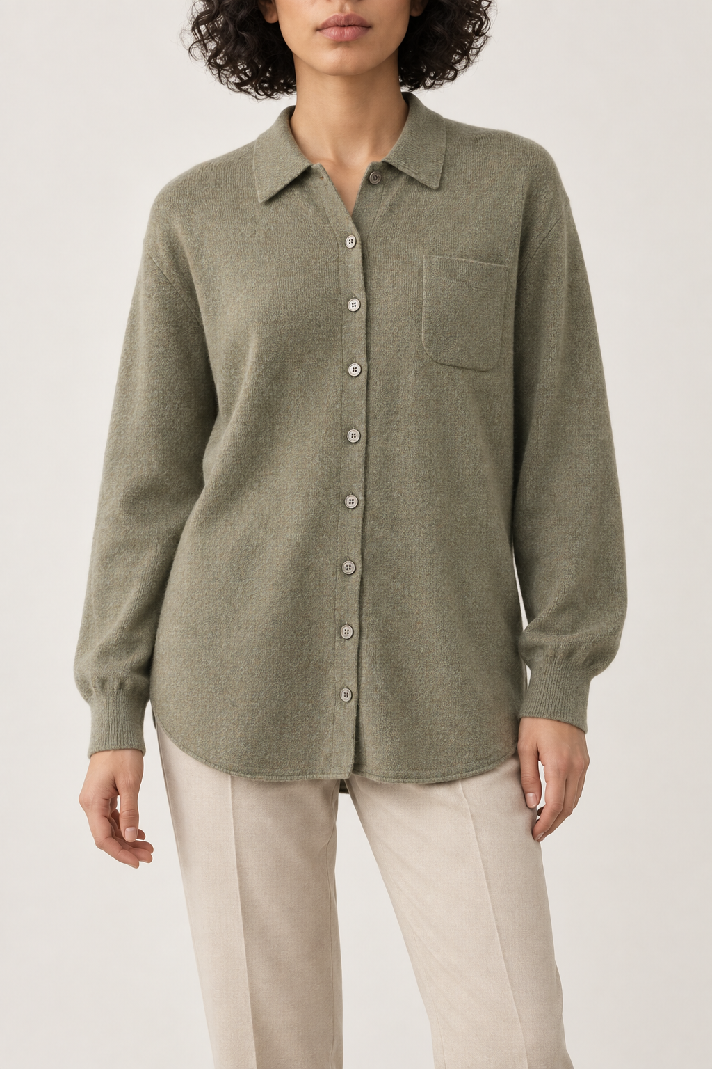 Cashmere Chest-Pocket Shirt, Olive Green, front