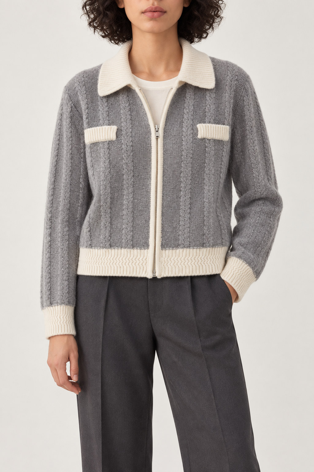 Cashmere Contrast-Collar Zip Jacket, Heather Grey, front