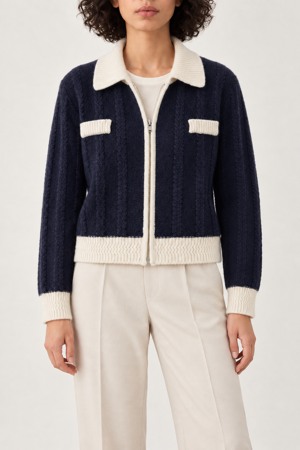 Cashmere Contrast-Collar Zip Jacket, Navy, front