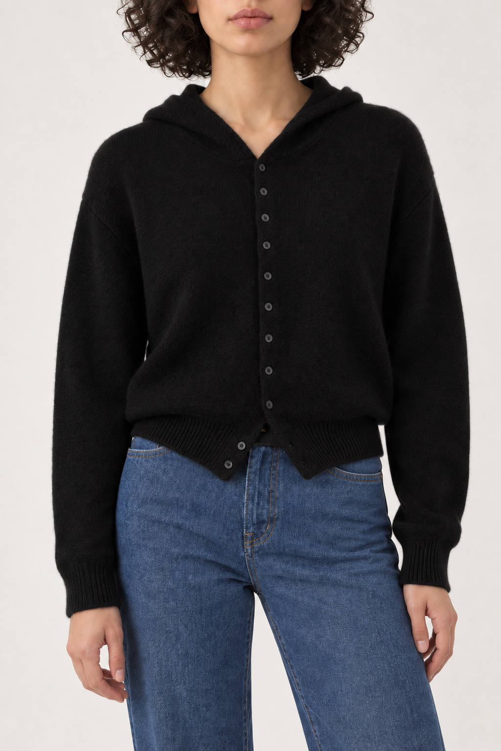 Cashmere Cropped Hooded Cardigan, Black, front
