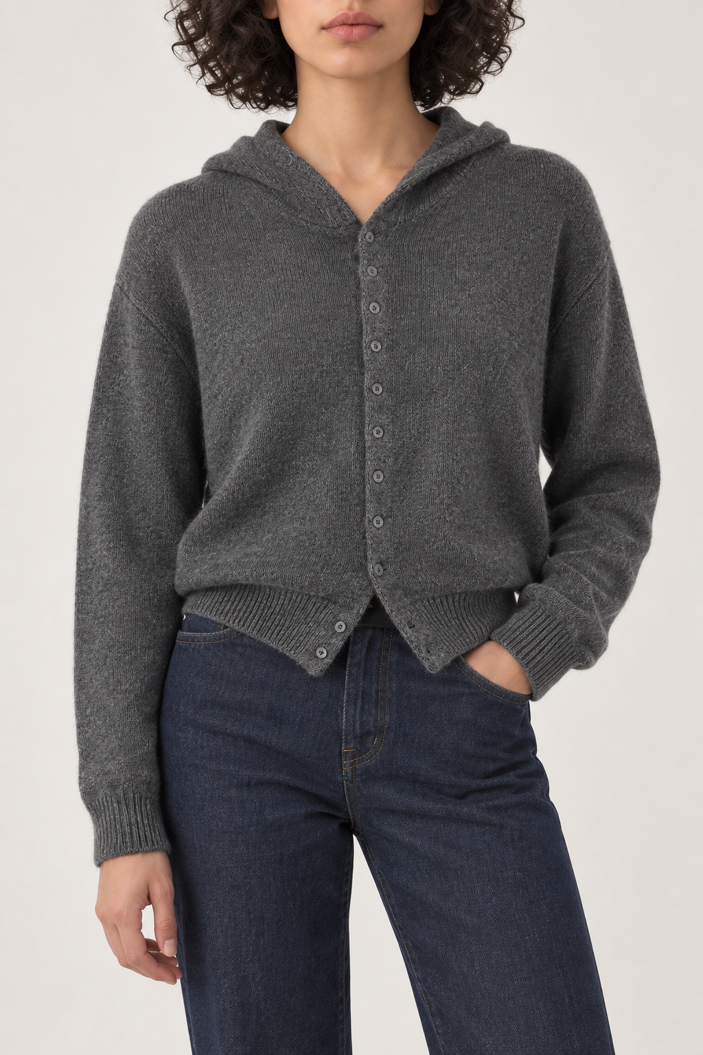 Cashmere Cropped Hooded Cardigan, Charcoal Grey, front