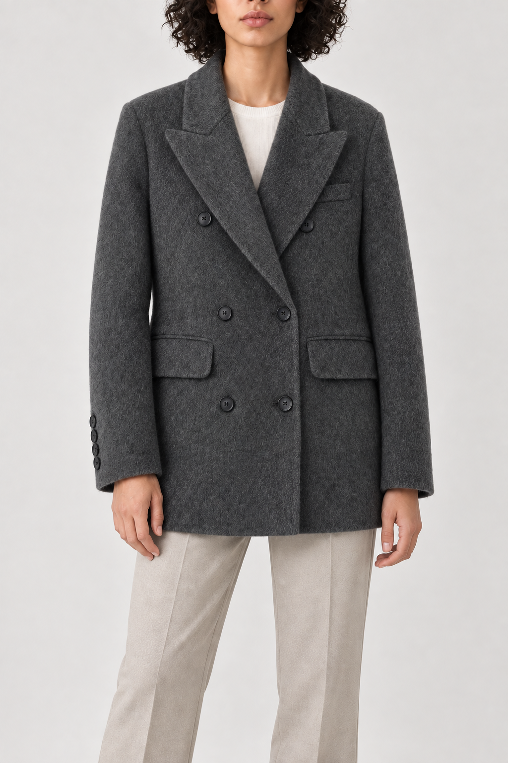 Cashmere Double-Breasted Coat, Charcoal, front