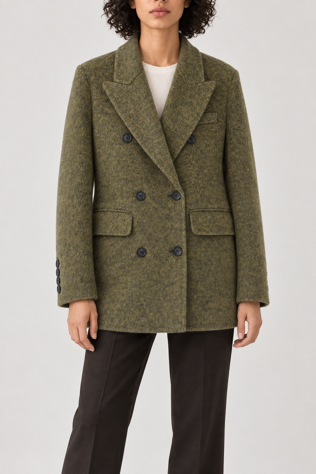 Cashmere Double-Breasted Coat, Moss Green, front