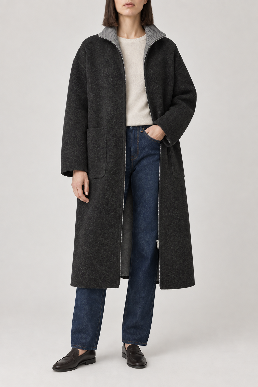 Cashmere Double-Face Coat, Charcoal, front