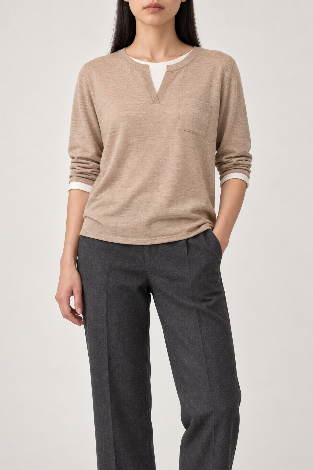 Cashmere Layered-Look Sweater, Earth Camel, front