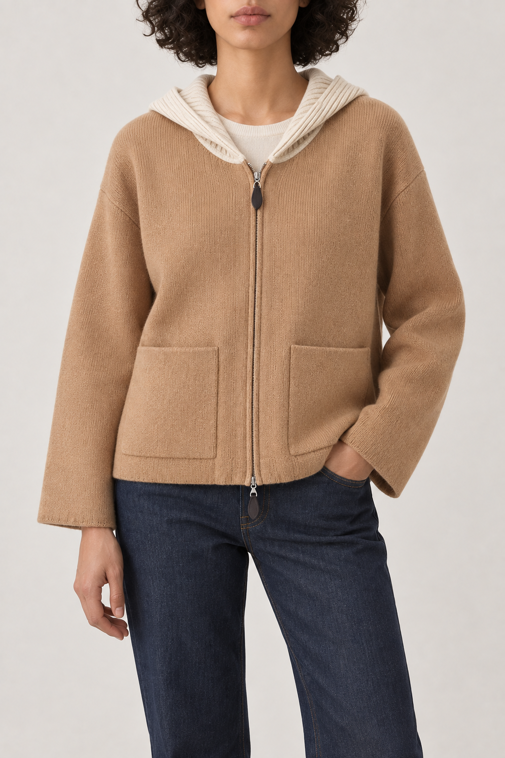 Cashmere Leather-Pull Zip Hoodie, Light Camel, front