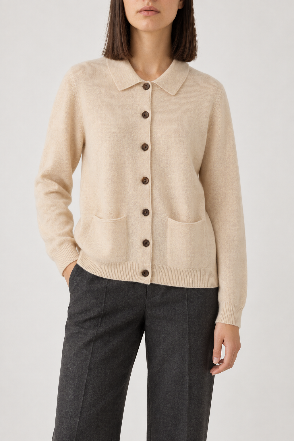 Cashmere Patch-Pocket Cardigan, Warm Beige, front