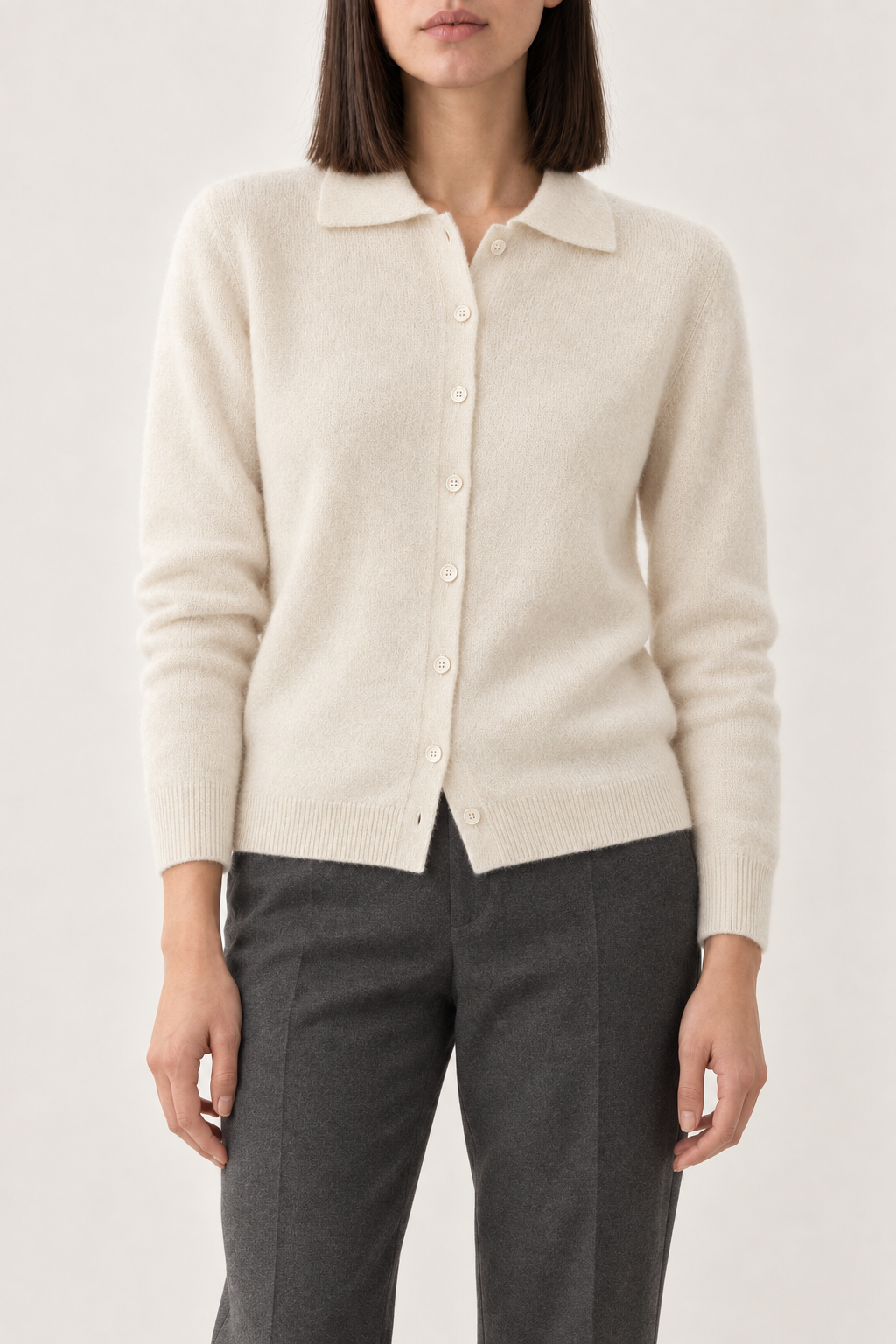 Cashmere Polo Cardigan, Cream, front