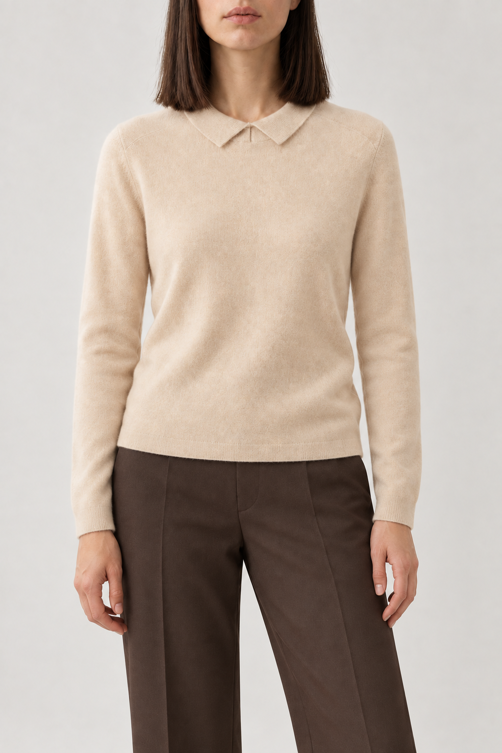 Cashmere Polo Pullover, Oat Beige, front