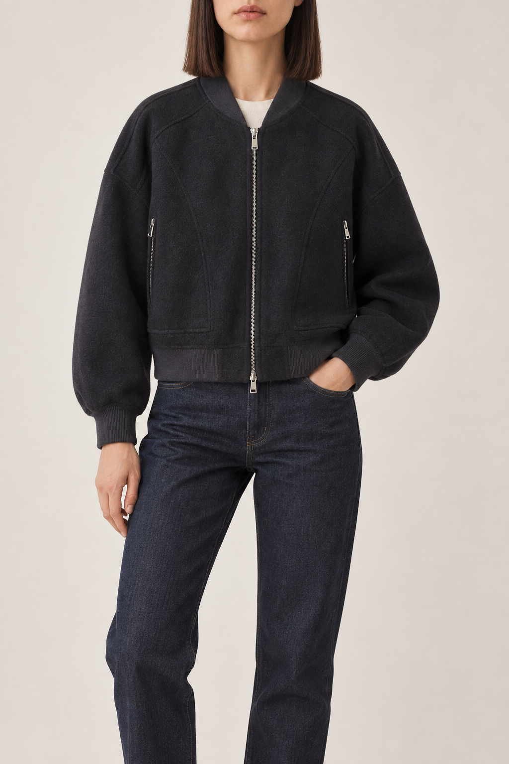 Cashmere Ribbed-Collar Bomber Jacket, Ink Charcoal, front