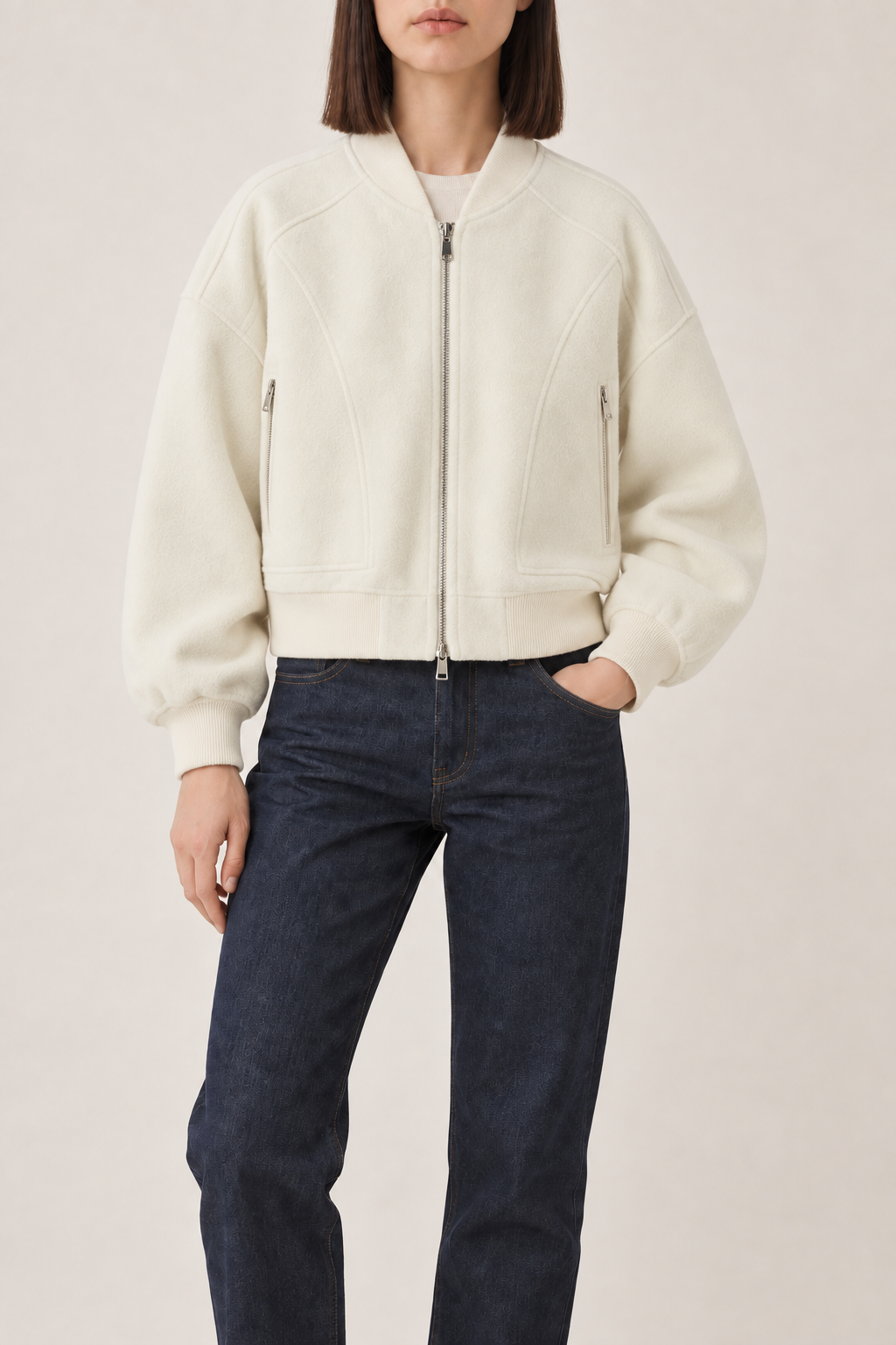 Cashmere Ribbed-Collar Bomber Jacket, Off White, front