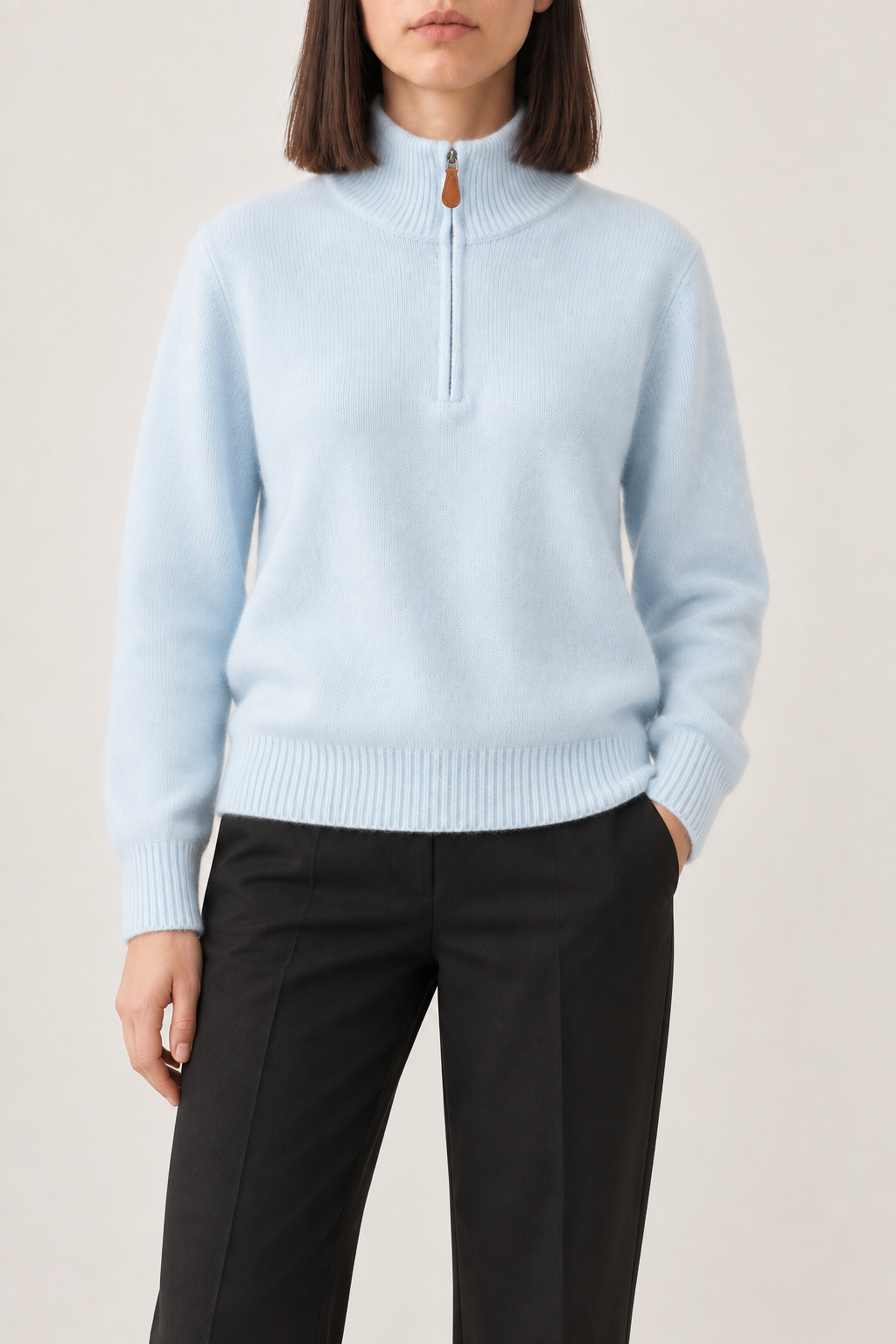 Cashmere Stand-Collar Half-Zip Sweater, Ice Blue, front