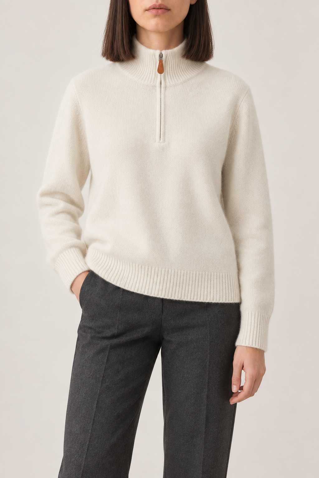 Cashmere Stand-Collar Half-Zip Sweater, Vanilla Ivory, front