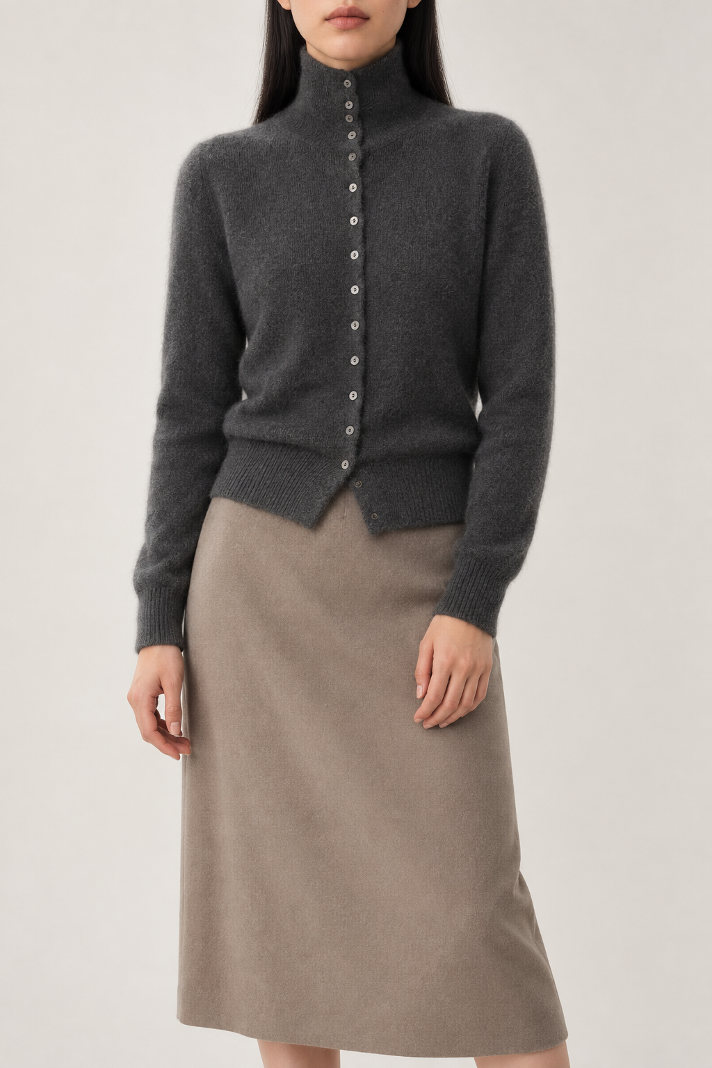 Cashmere Turtleneck Cardigan, Charcoal Grey, front