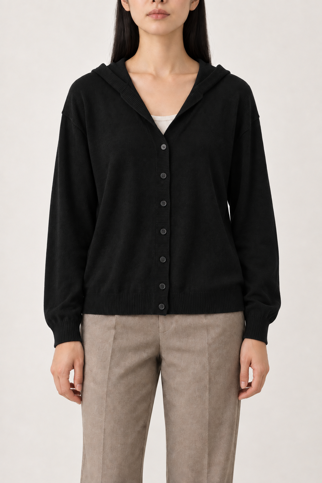 Cashmere V-Neck Hooded Cardigan, Black, front