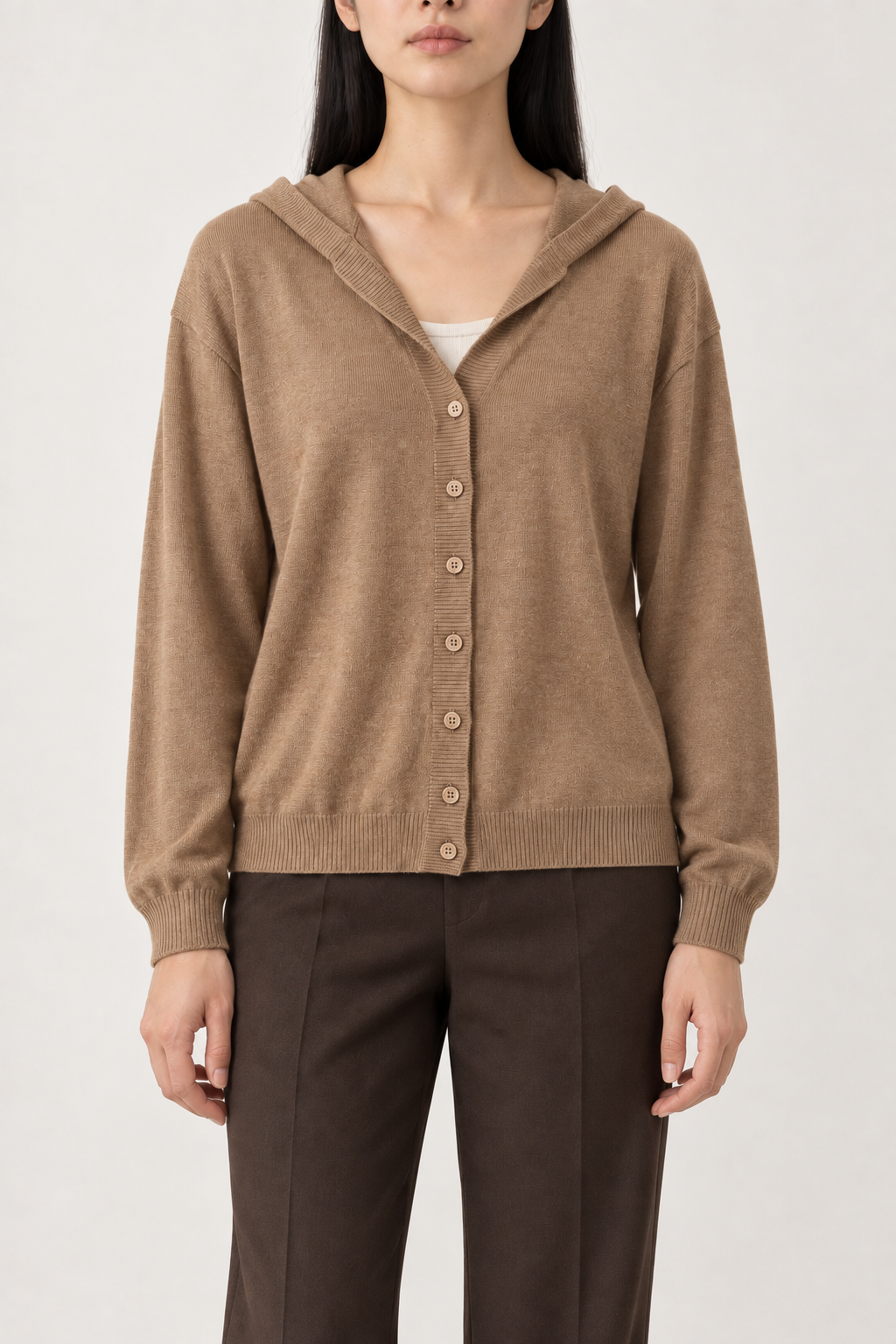 Cashmere V-Neck Hooded Cardigan, Camel, front