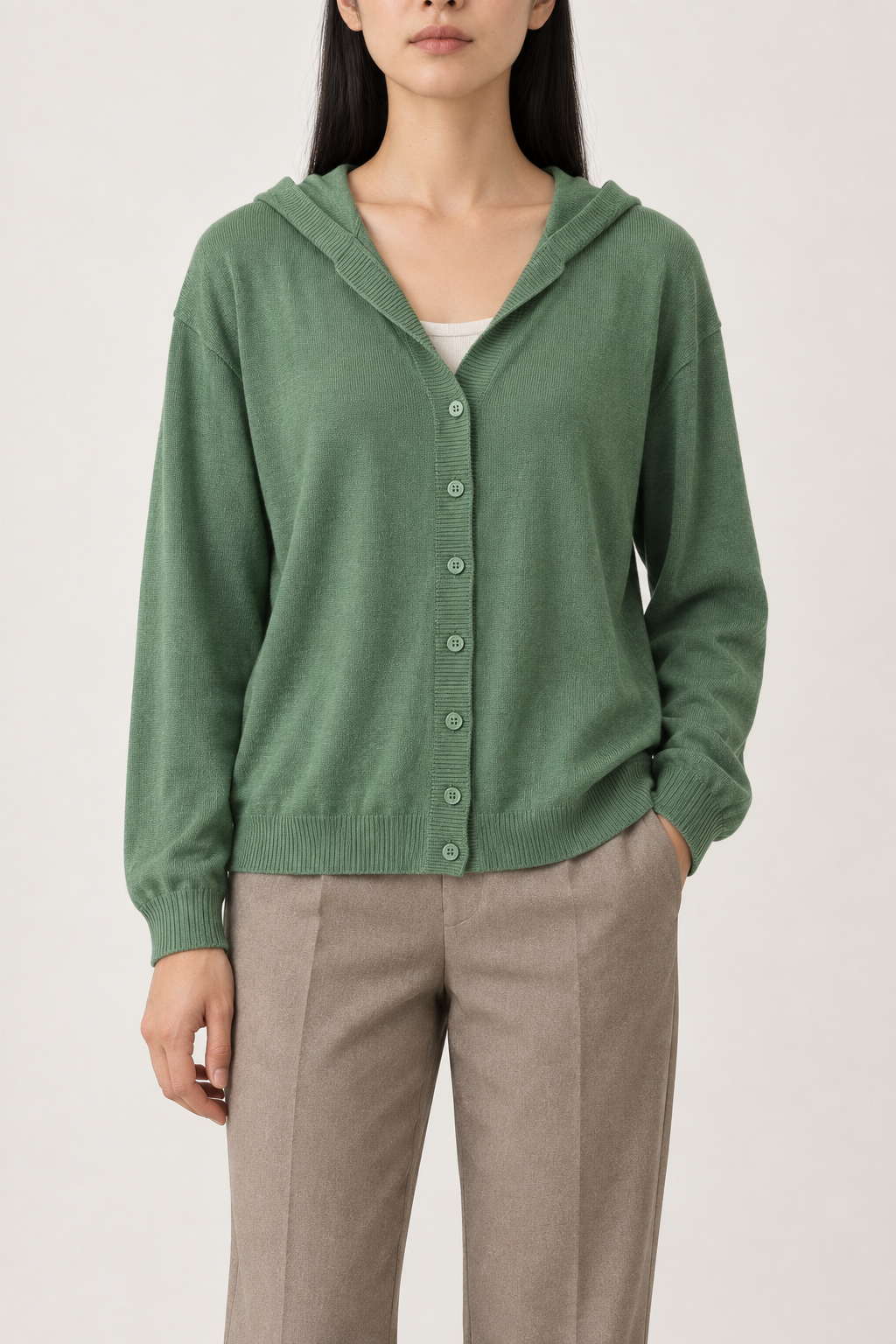 Cashmere V-Neck Hooded Cardigan, Leafy Green, front