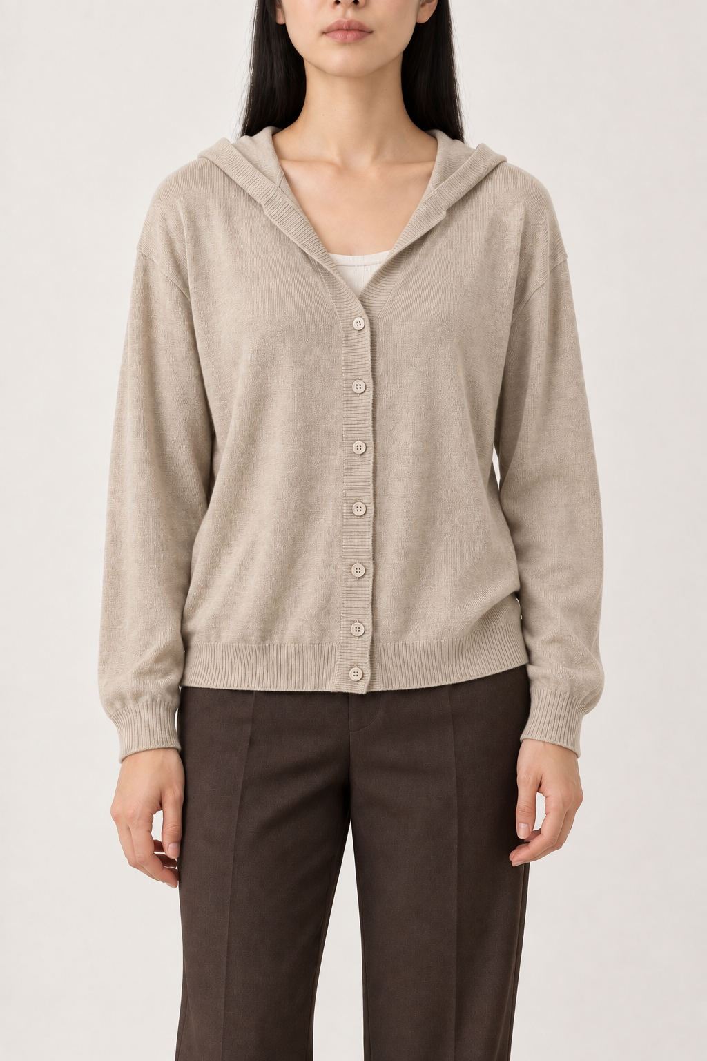Cashmere V-Neck Hooded Cardigan, Oat Beige, front