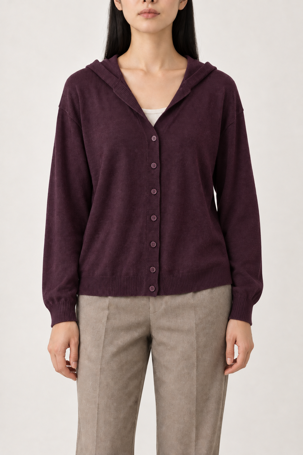 Cashmere V-Neck Hooded Cardigan, Plum, front