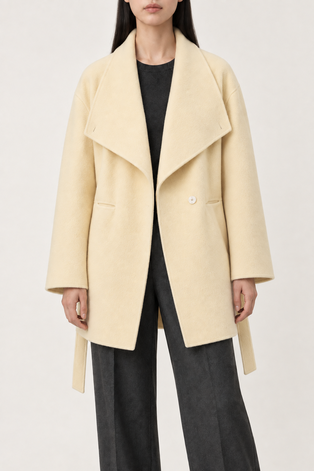 Cashmere Waterfall-Lapel Coat, Butter Yellow, front