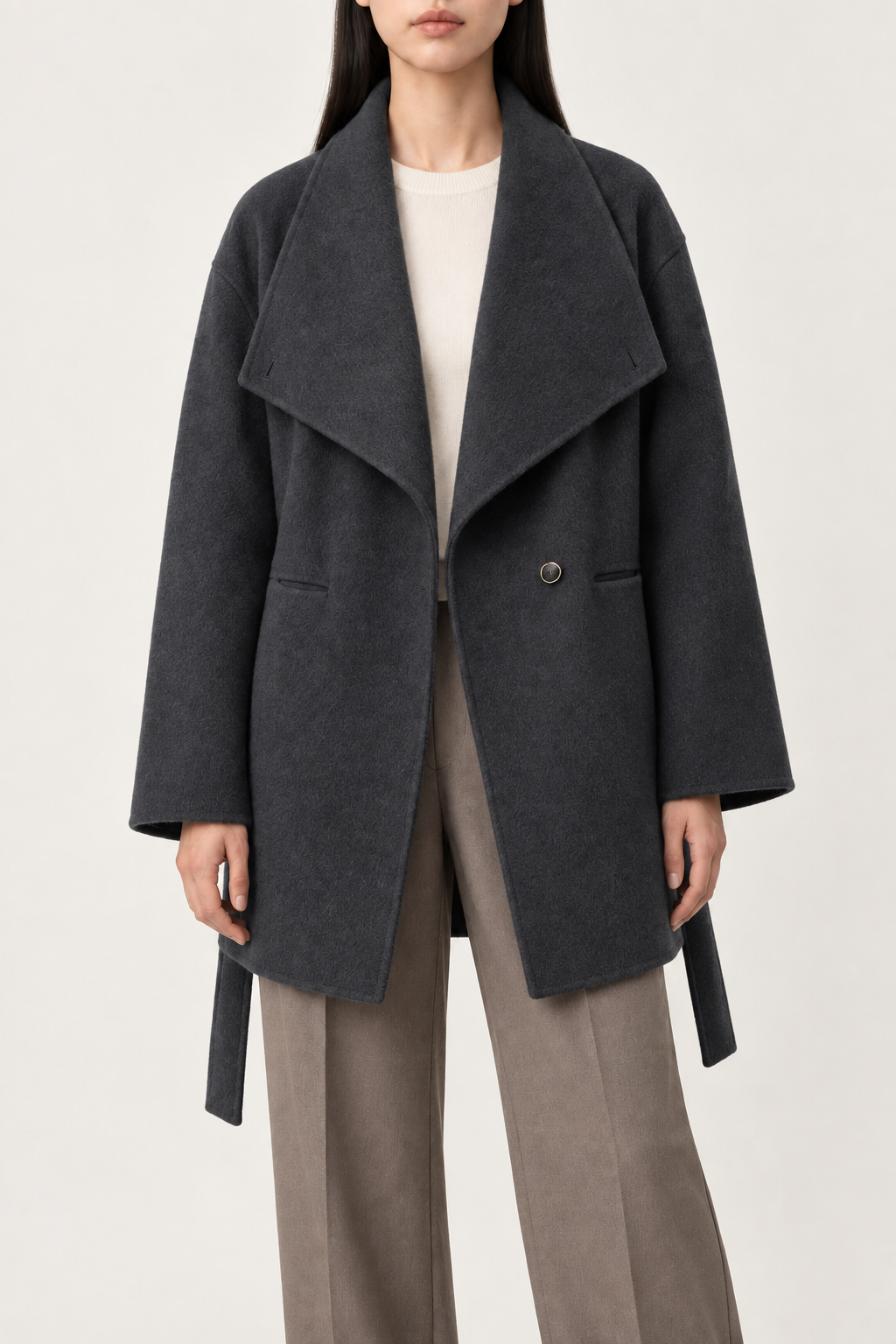 Cashmere Waterfall-Lapel Coat, Charcoal, front