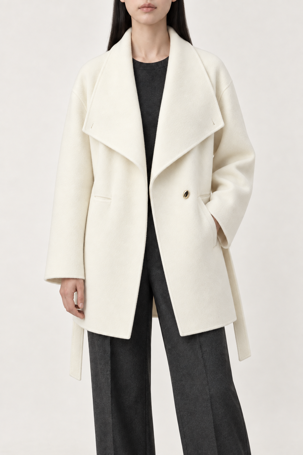 Cashmere Waterfall-Lapel Coat, Ivory, front