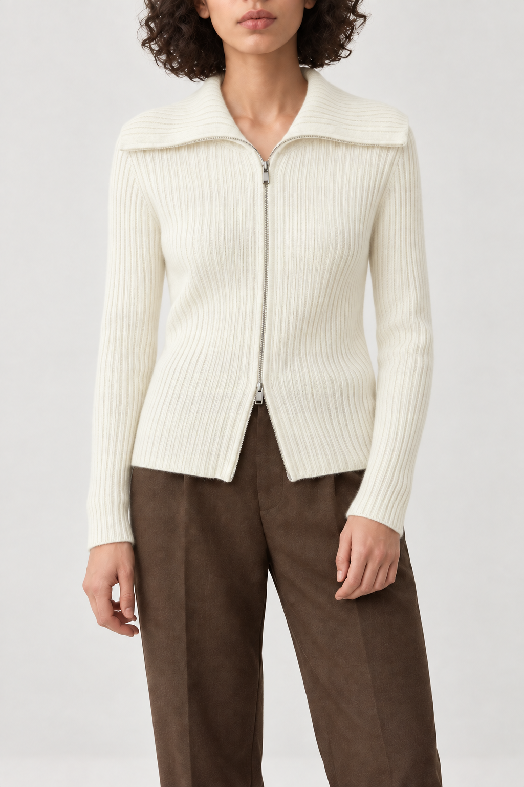 Cashmere Wide-Collar Zip Jacket, Ivory, front