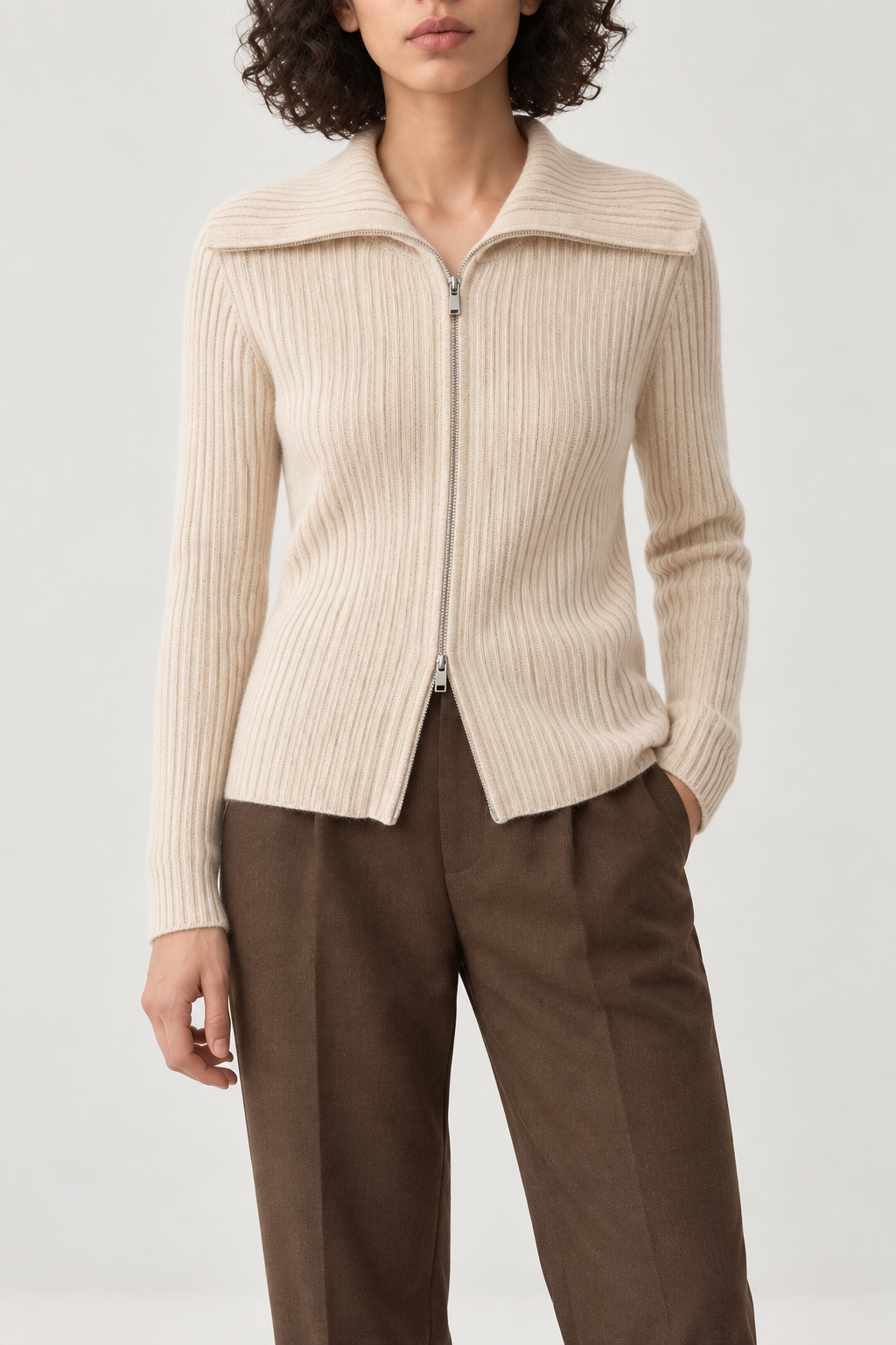 Cashmere Wide-Collar Zip Jacket, Oatmeal Beige, front