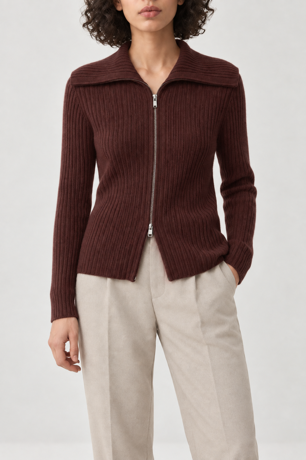 Cashmere Wide-Collar Zip Jacket, Red Brown, front