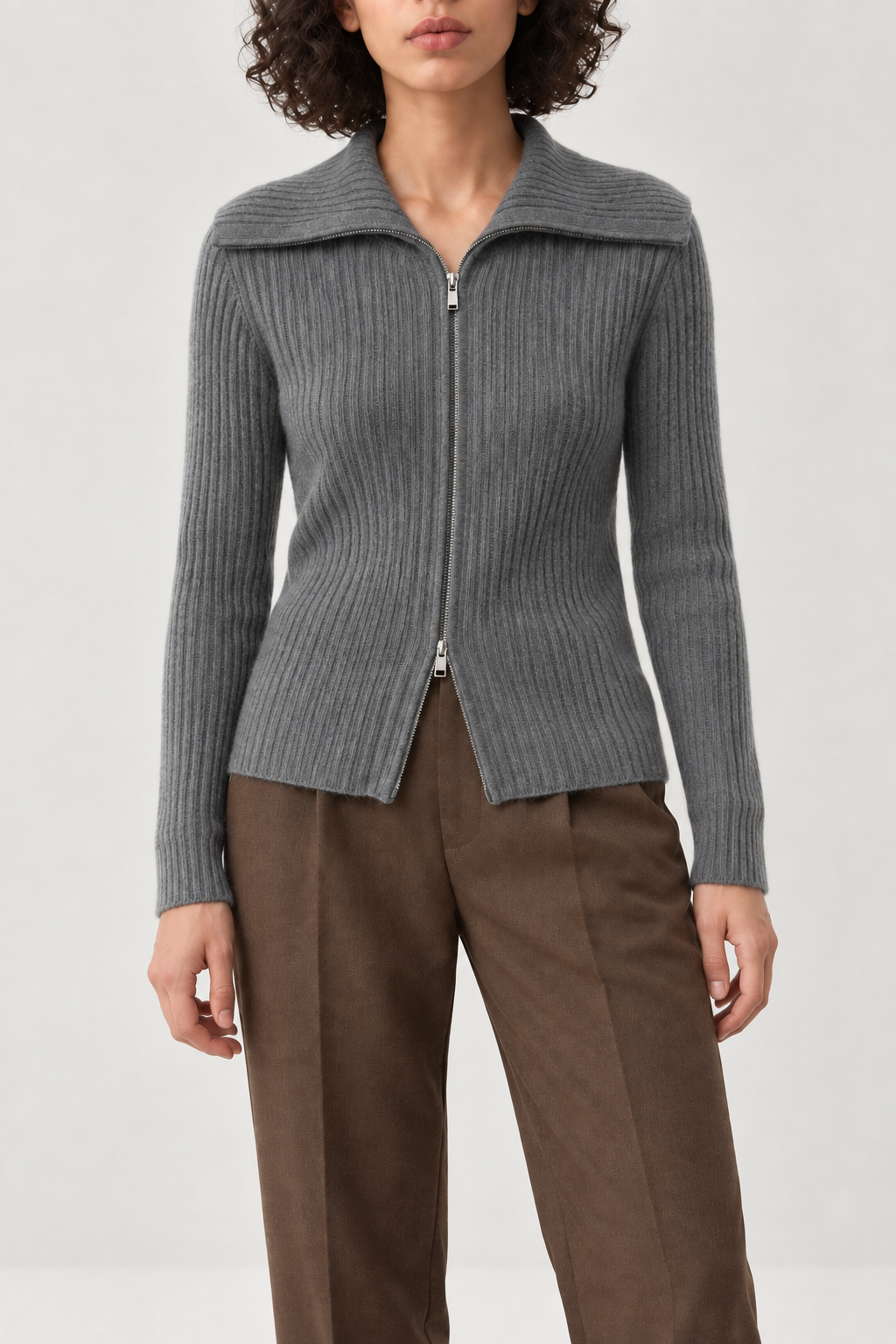 Cashmere Wide-Collar Zip Jacket, Slate Grey, front