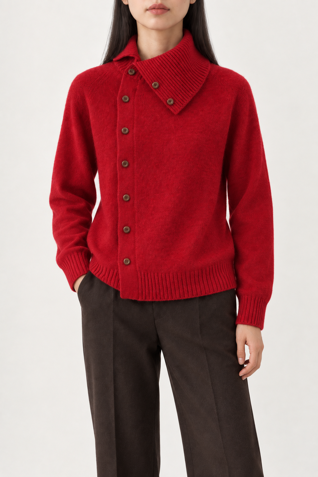 Merino Asymmetric-Placket Cardigan, Crimson Red, front