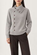 Merino Asymmetric-Placket Cardigan, Light Grey, front
