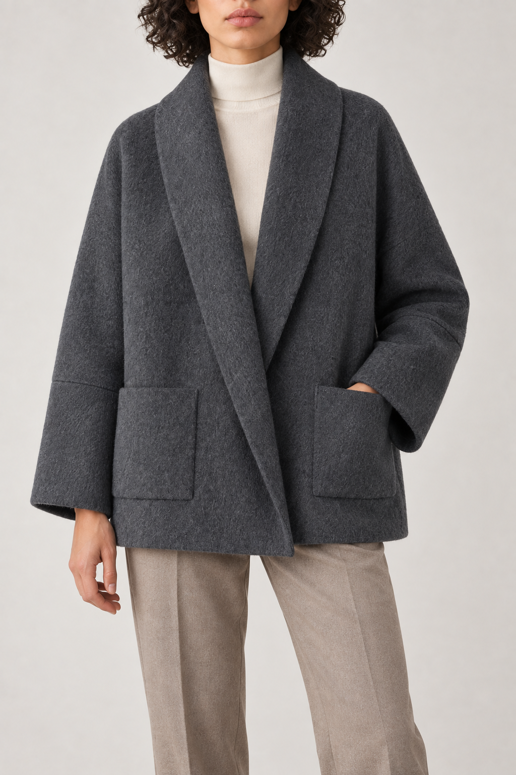 Merino Bathrobe-Collar Coat, Charcoal Grey, front