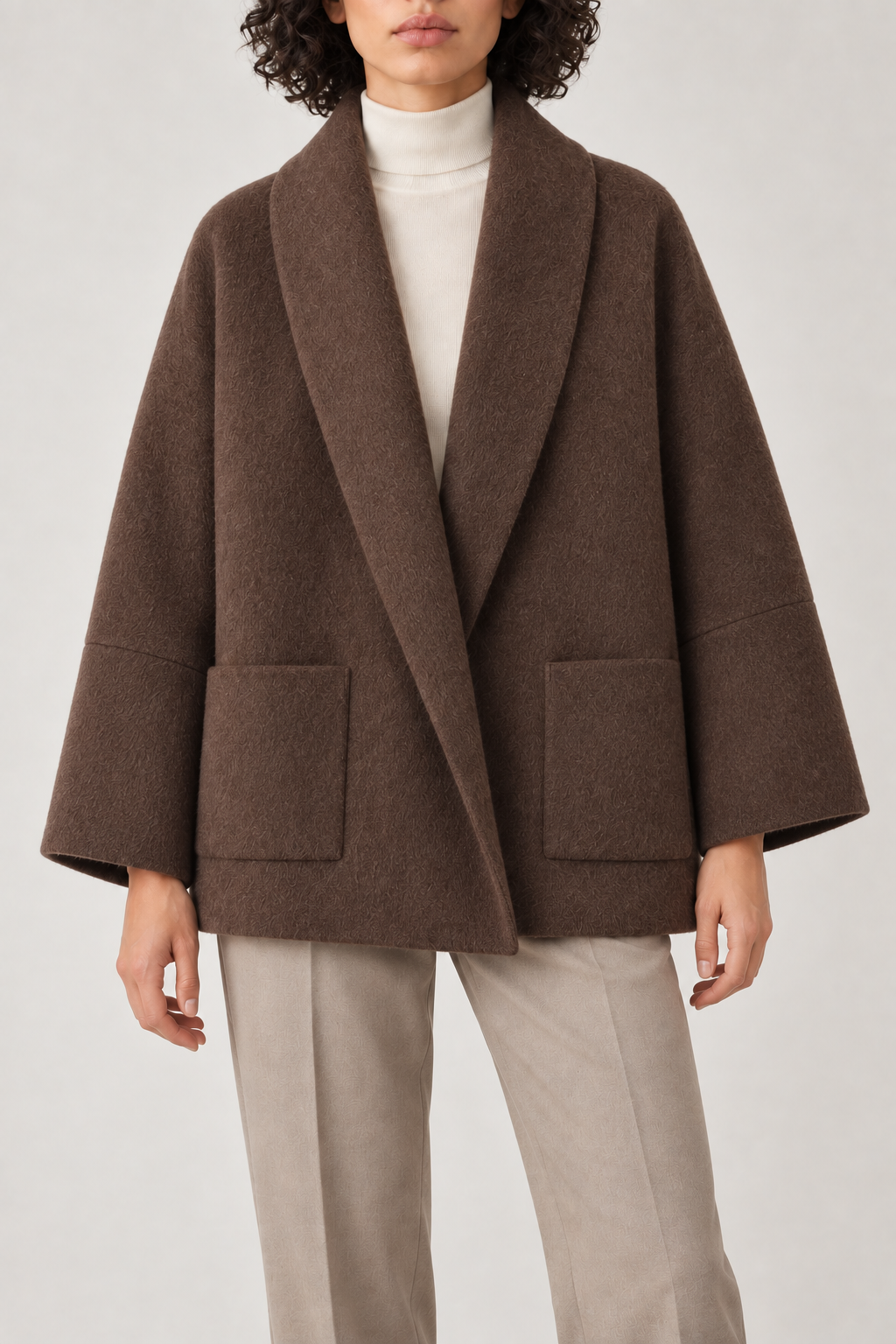 Merino Bathrobe-Collar Coat, Coffee Brown, front