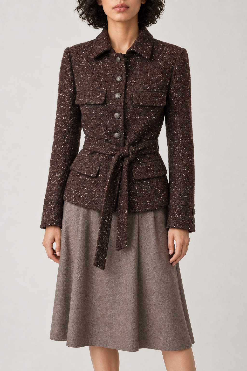 Merino Belted Tweed Jacket, Port Wine, front
