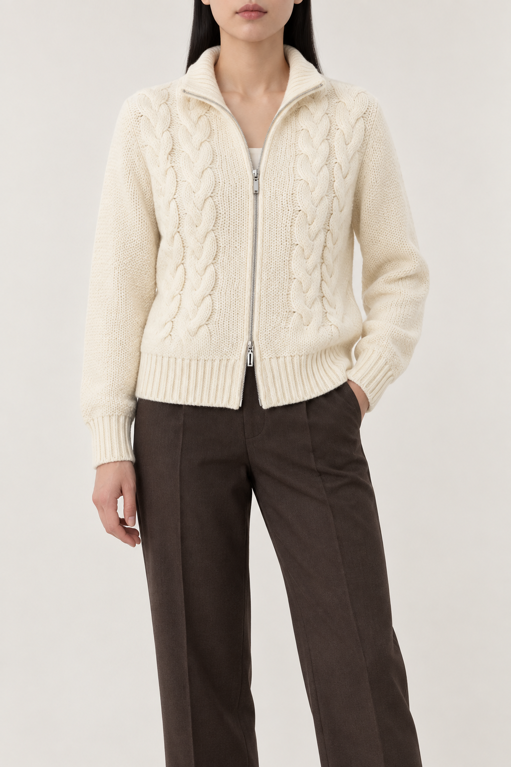 Merino Cable-Knit Zip Jacket, Warm Ivory, front