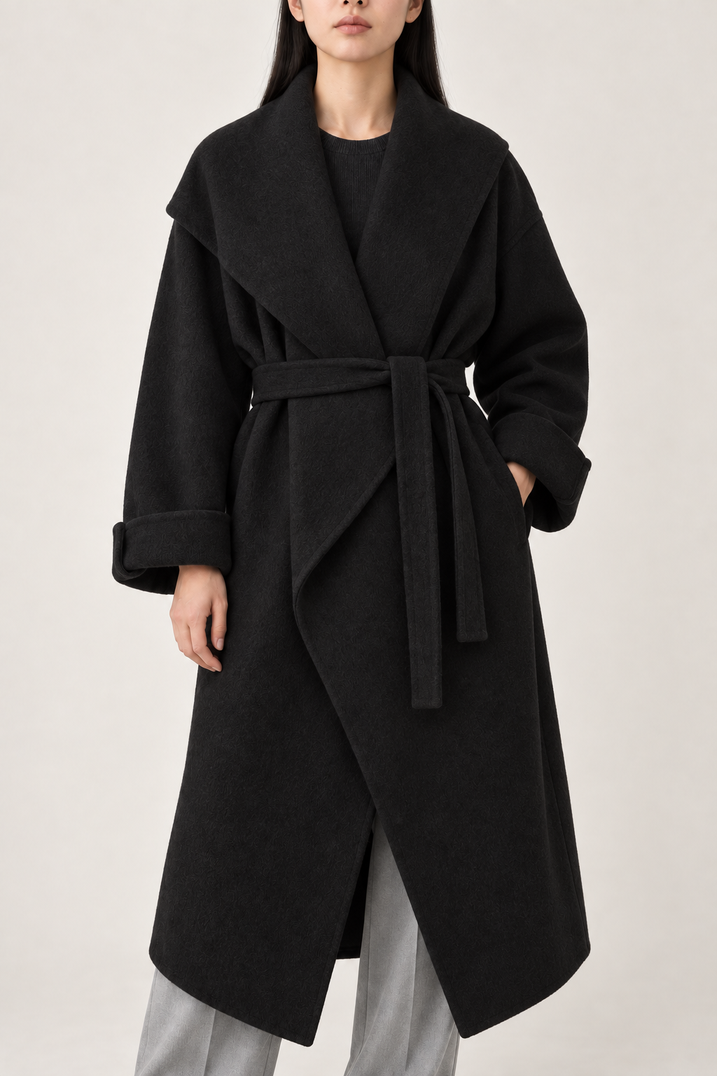 Merino Cape-Shawl Coat, Black, front