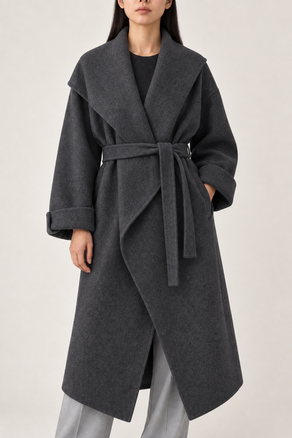 Merino Cape-Shawl Coat, Charcoal, front